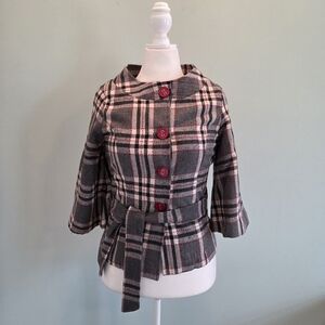 KLD Signature Wool Blend Plaid Blazer Jacket Red Button Tie Waist Size S